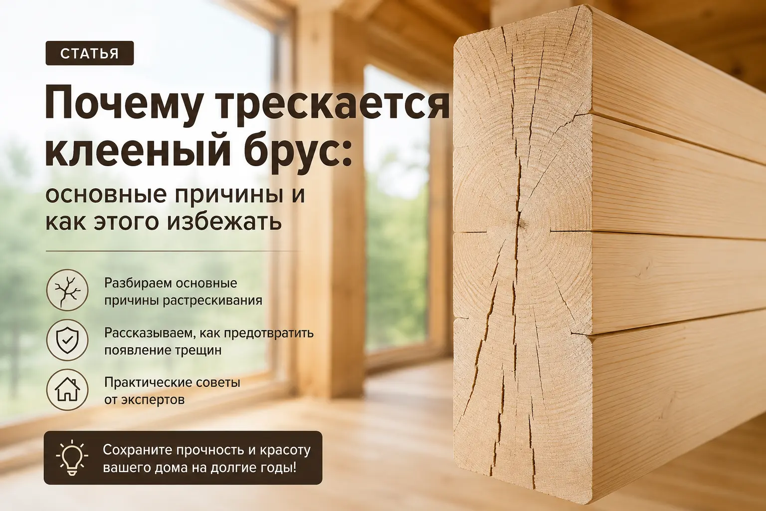 Клееный брус считается одним из самых стабильных материалов для деревянного домостроения: он меньше подвержен усадке, геометрическим деформациям и сильному растрескиванию, чем цельный массив. Но полностью «отменить» природные свойства древесины невозможно Клееный брус считается одним из самых стабильных материалов для деревянного домостроения: он меньше подвержен усадке, геометрическим деформациям и сильному растрескиванию, чем цельный массив. Но полностью «отменить» природные свойства древесины невозможно